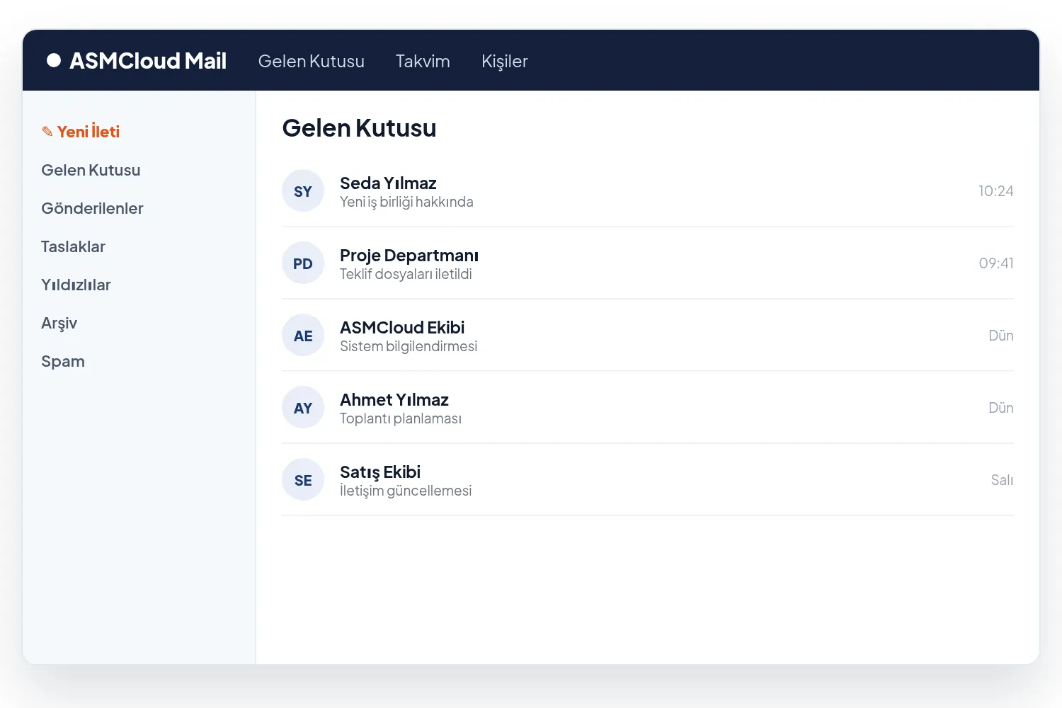 ASMCloud Mail webmail ekranında gelen kutusu ve ileti listesi